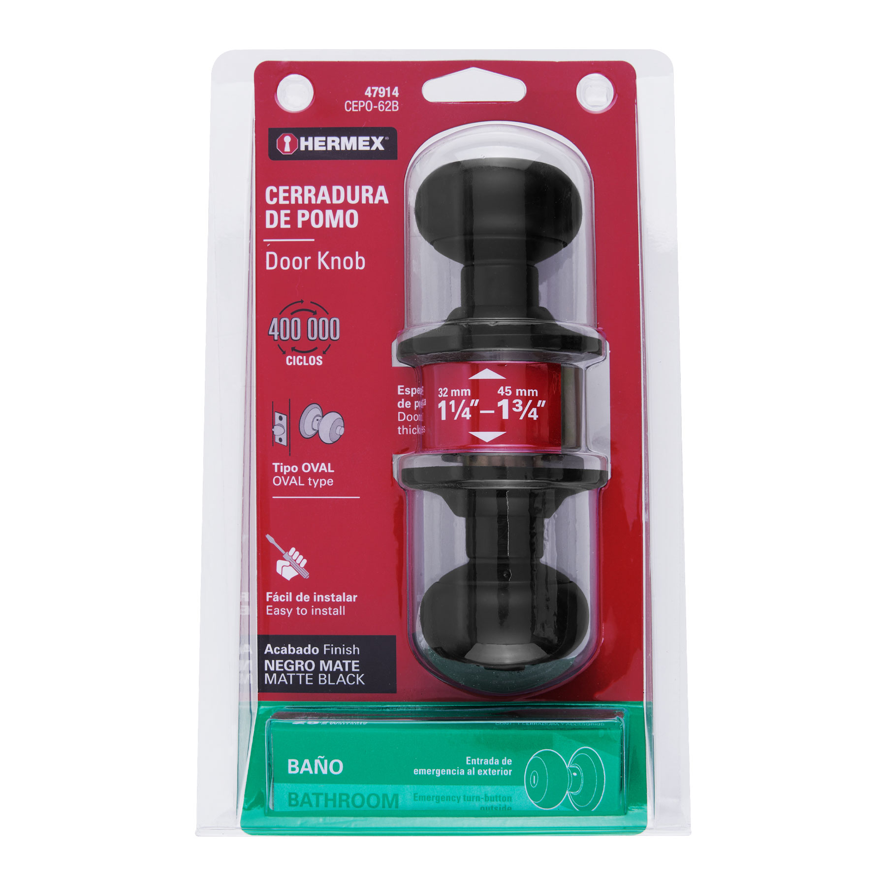 Cerradura pomo, negro, oval, baño, Hermex