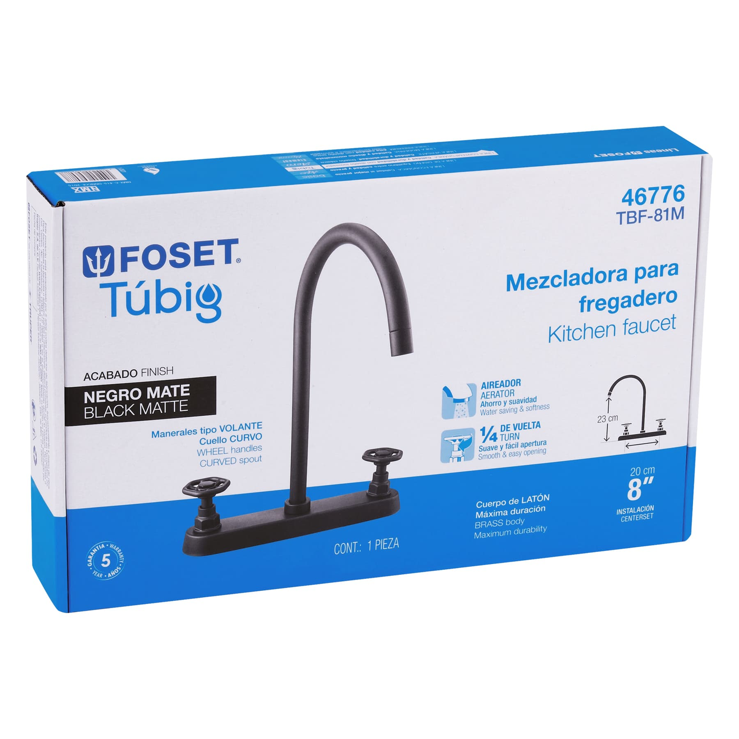 Mezcladora p/fregadero,manerales redondos,negro mate,Tubig