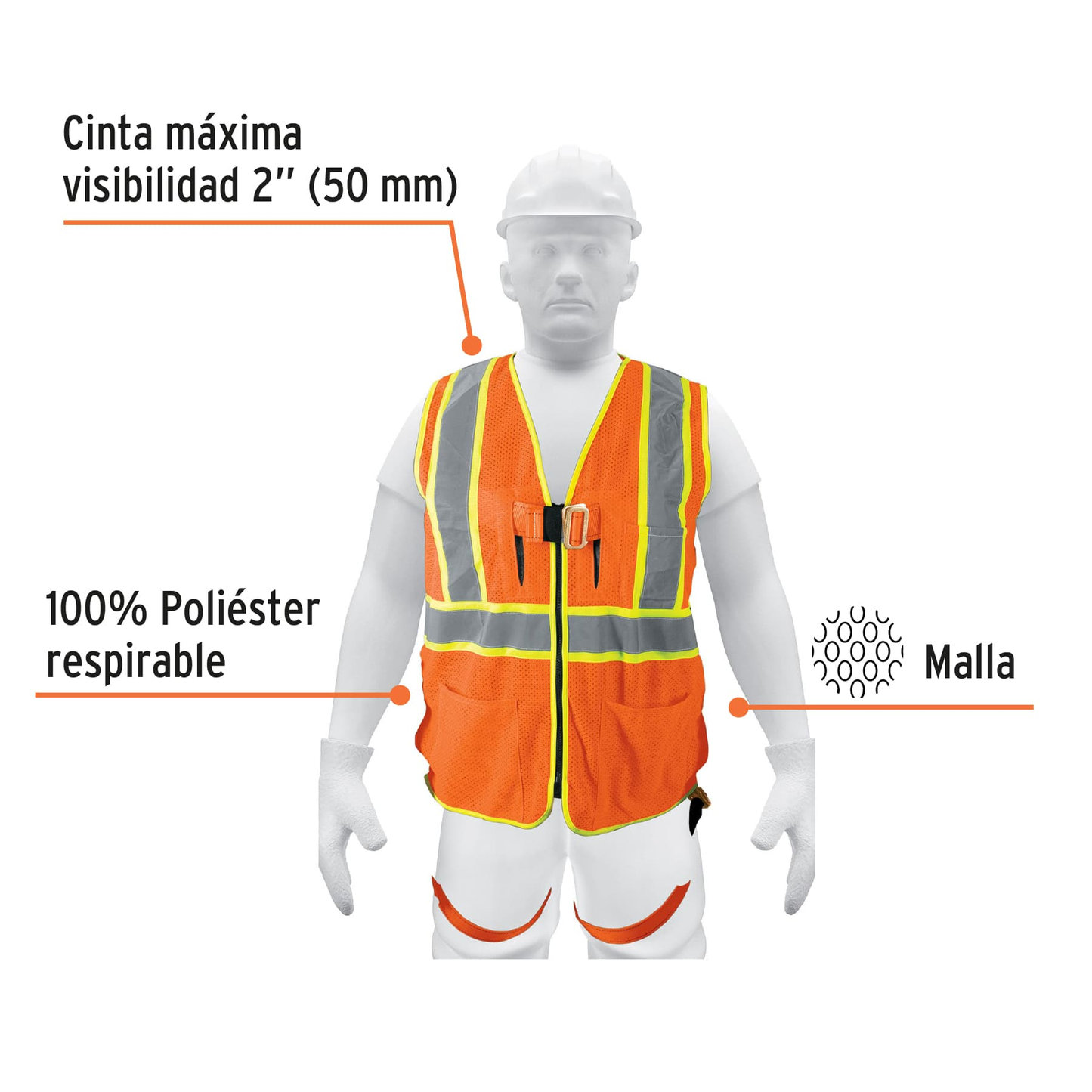 Chaleco de seguridad para arnés, alta visibilidad, naranja