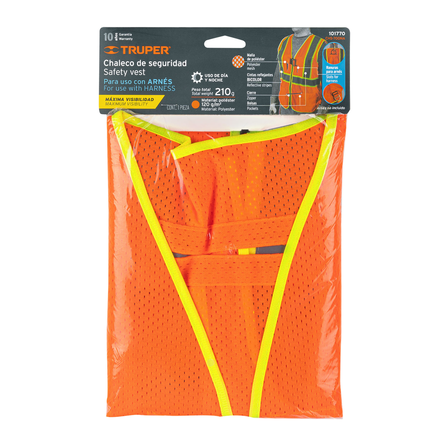 Chaleco de seguridad para arnés, alta visibilidad, naranja