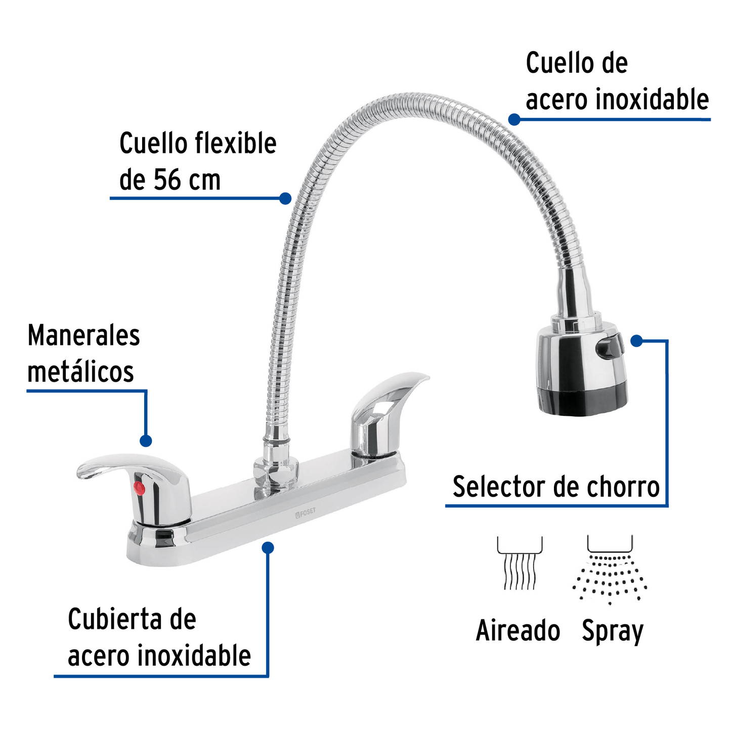 Mezcladora inox 8' p/fregadero, flexible, palanca, Foset