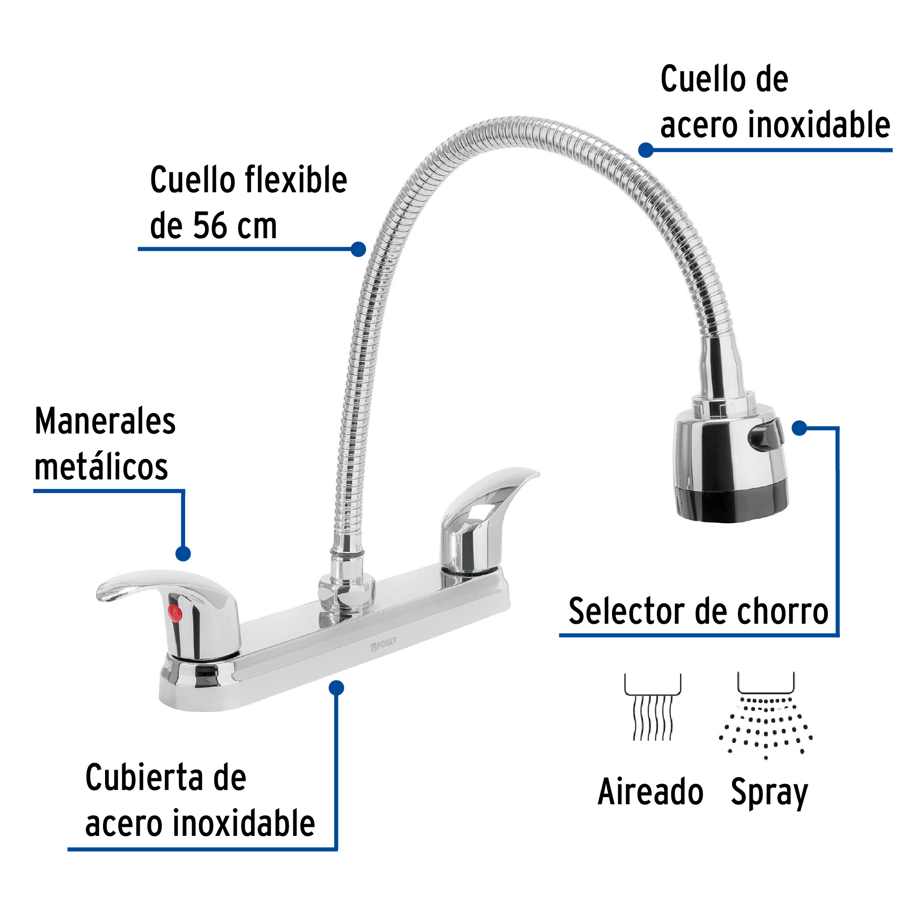 Mezcladora inox 8' p/fregadero, flexible, palanca, Foset