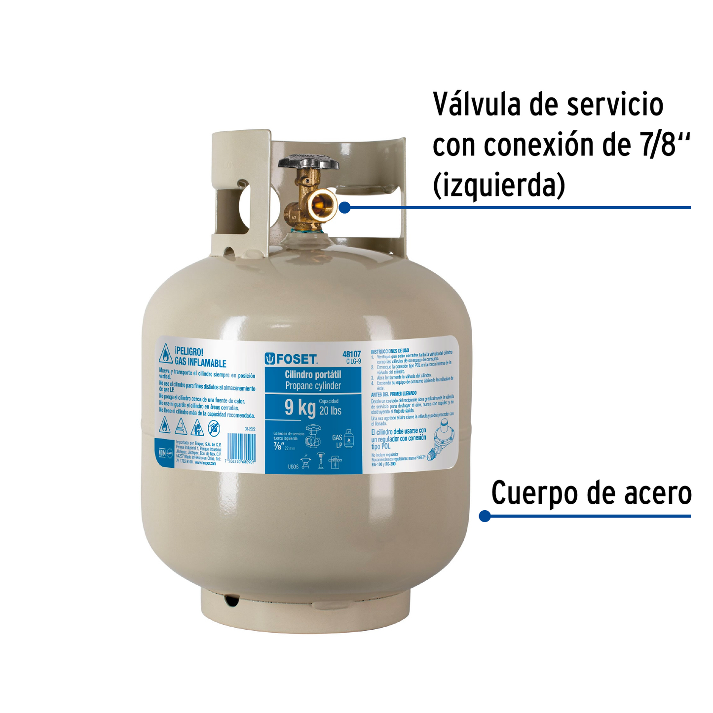 Cilindro portátil para Gas LP, 9kg, Foset
