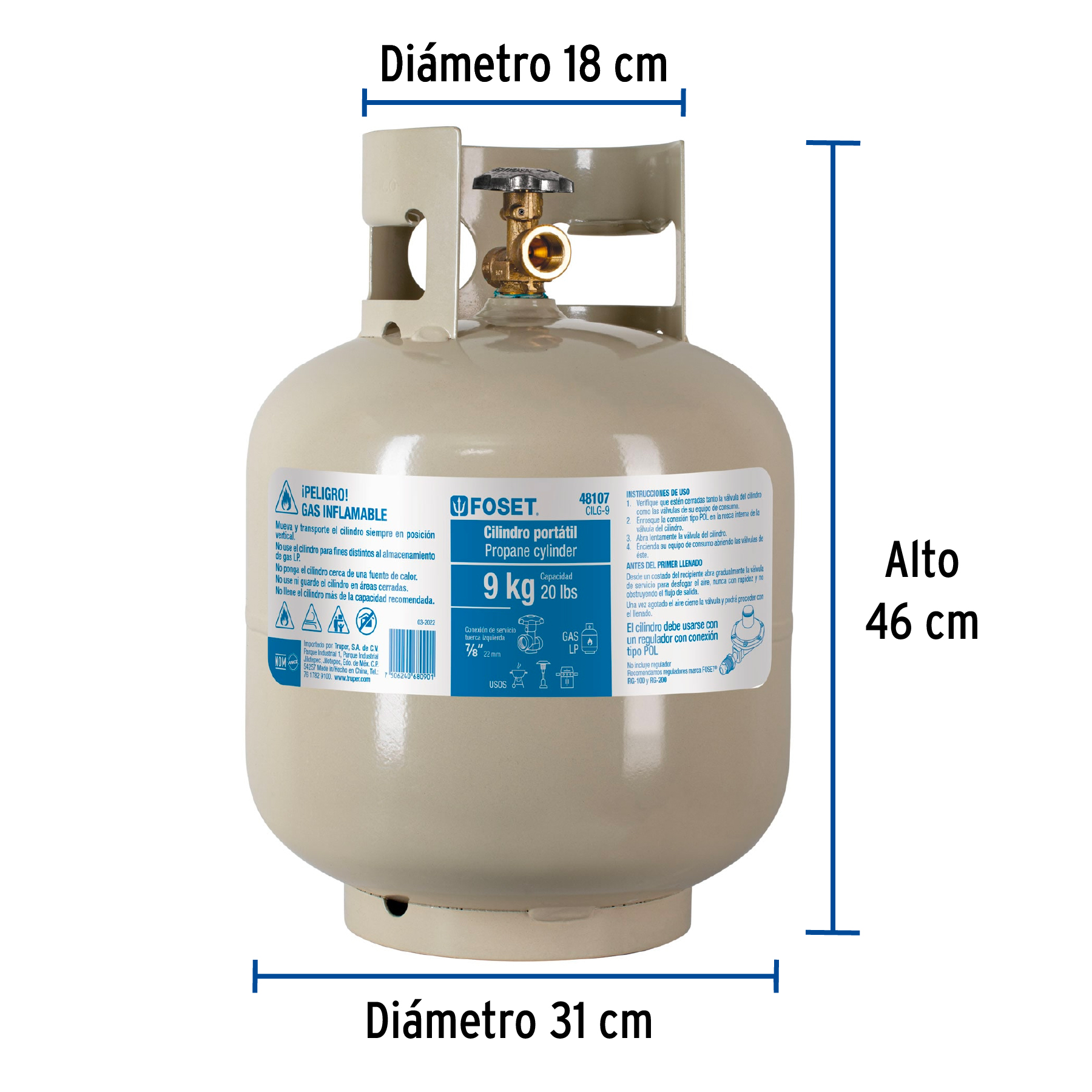 Cilindro portátil para Gas LP, 9kg, Foset