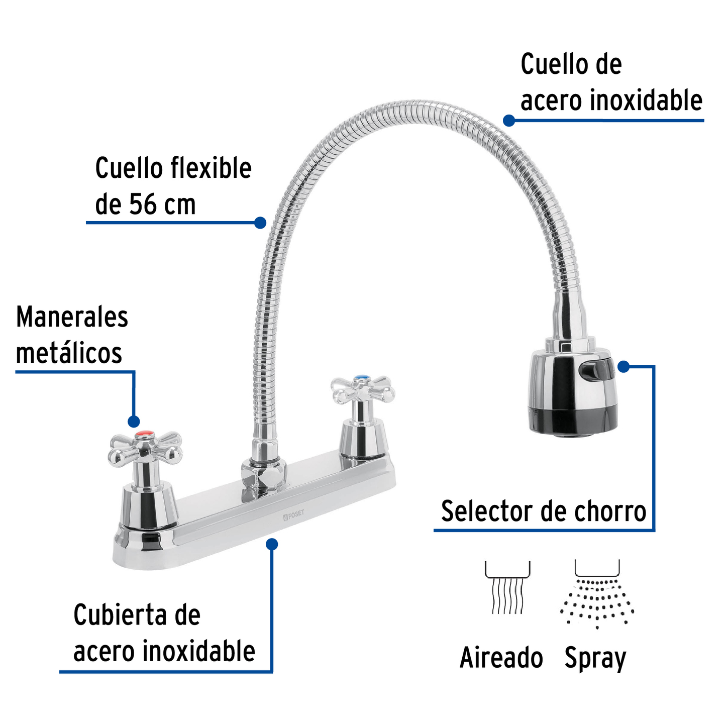 Mezcladora inox 8' p/fregadero, flexible, cruceta, Foset