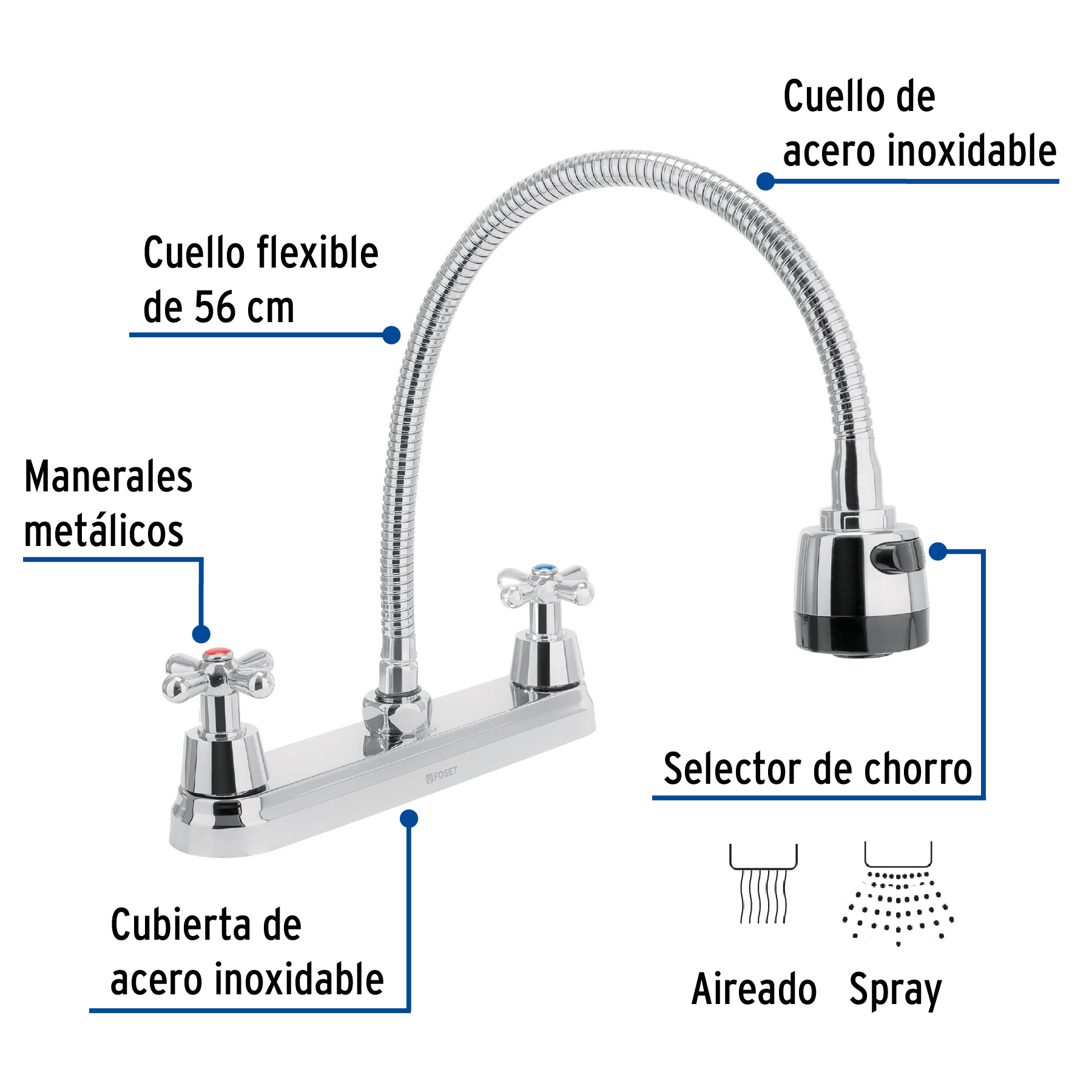 Mezcladora inox 8' p/fregadero, flexible, cruceta, Foset