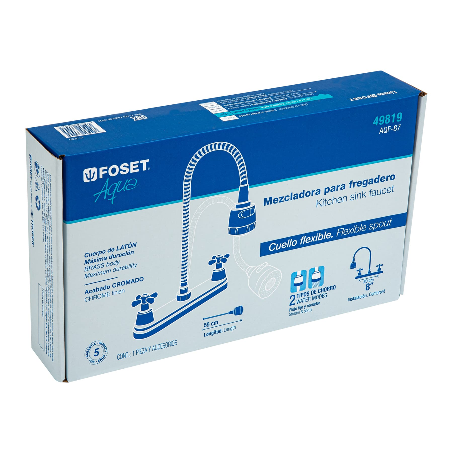 Mezcladora inox 8' p/fregadero, flexible, cruceta, Foset