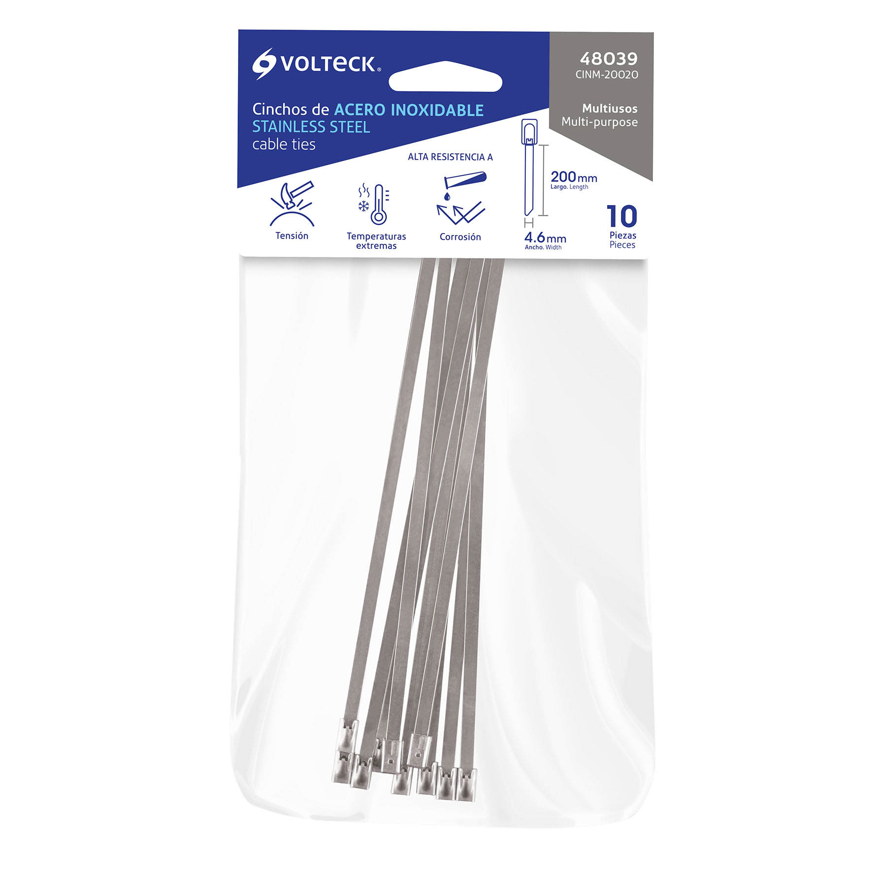 Cincho de acero inoxidable 20 cm, 200 lb, 10 pzas
