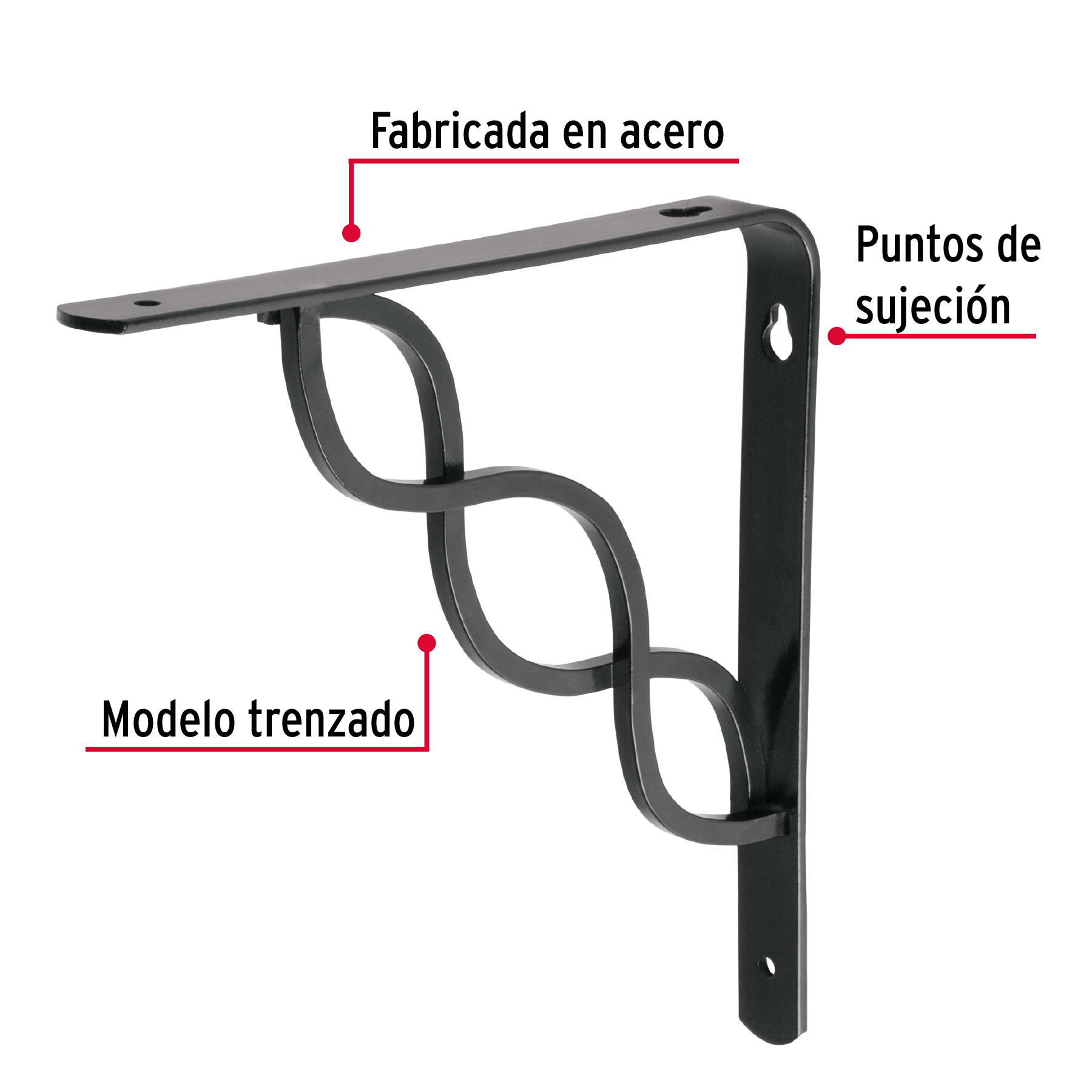 Ménsula reforzada negra diseño trenza, 8 x 8'