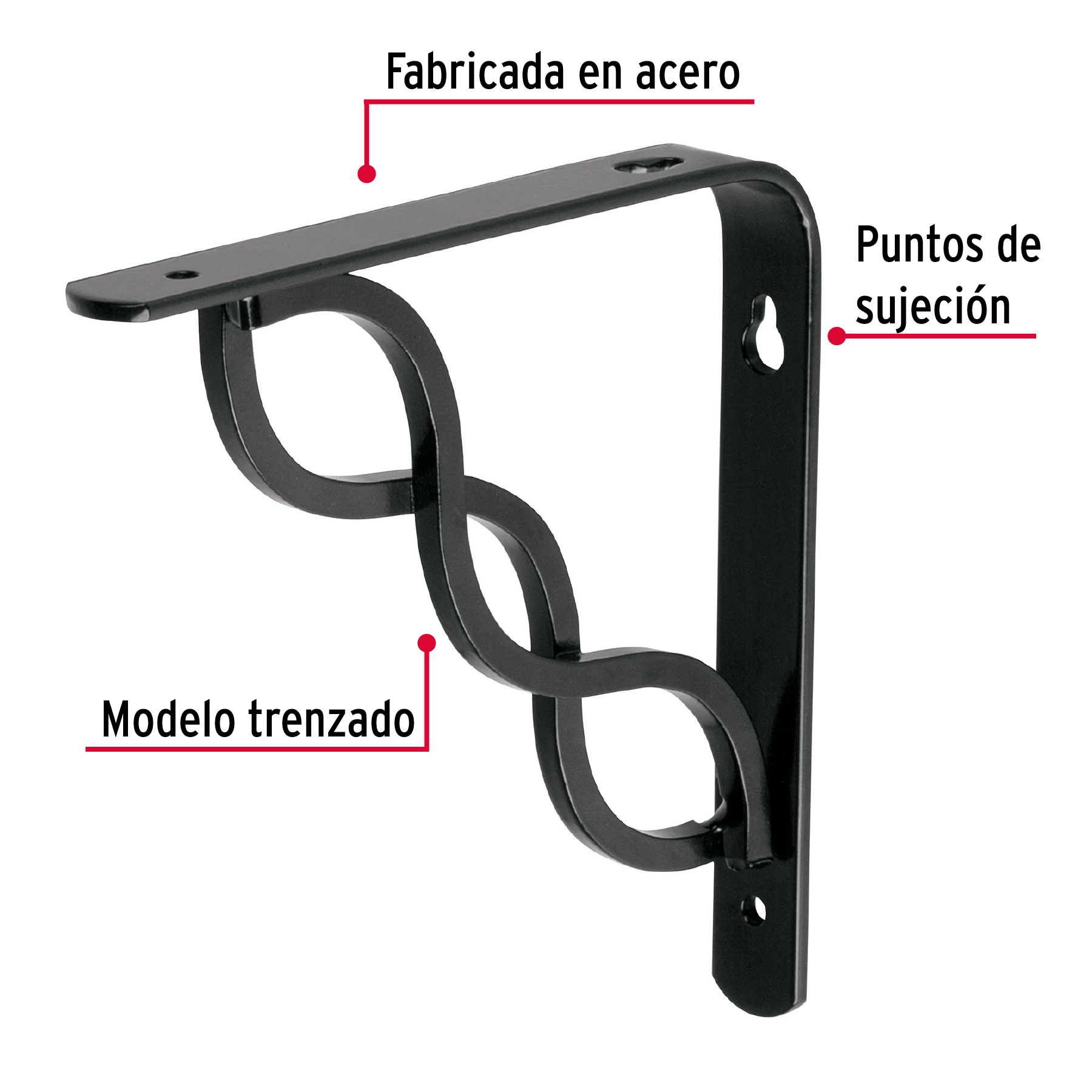 Ménsula reforzada negra diseño trenza, 6 x 6'