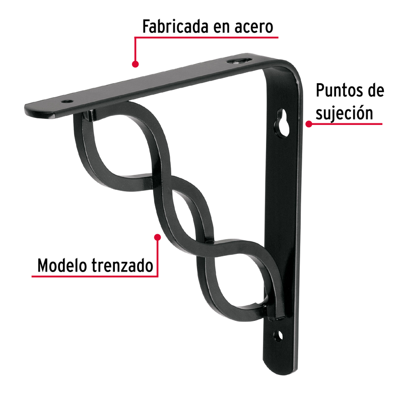 Ménsula reforzada negra diseño trenza, 6 x 6'