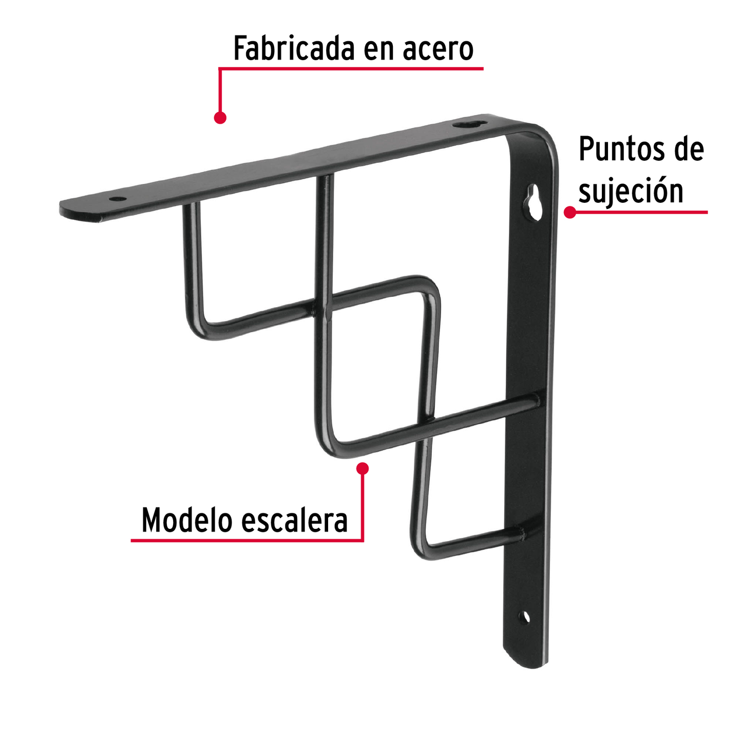 Ménsula reforzada negra diseño escalera, 8 x 8'