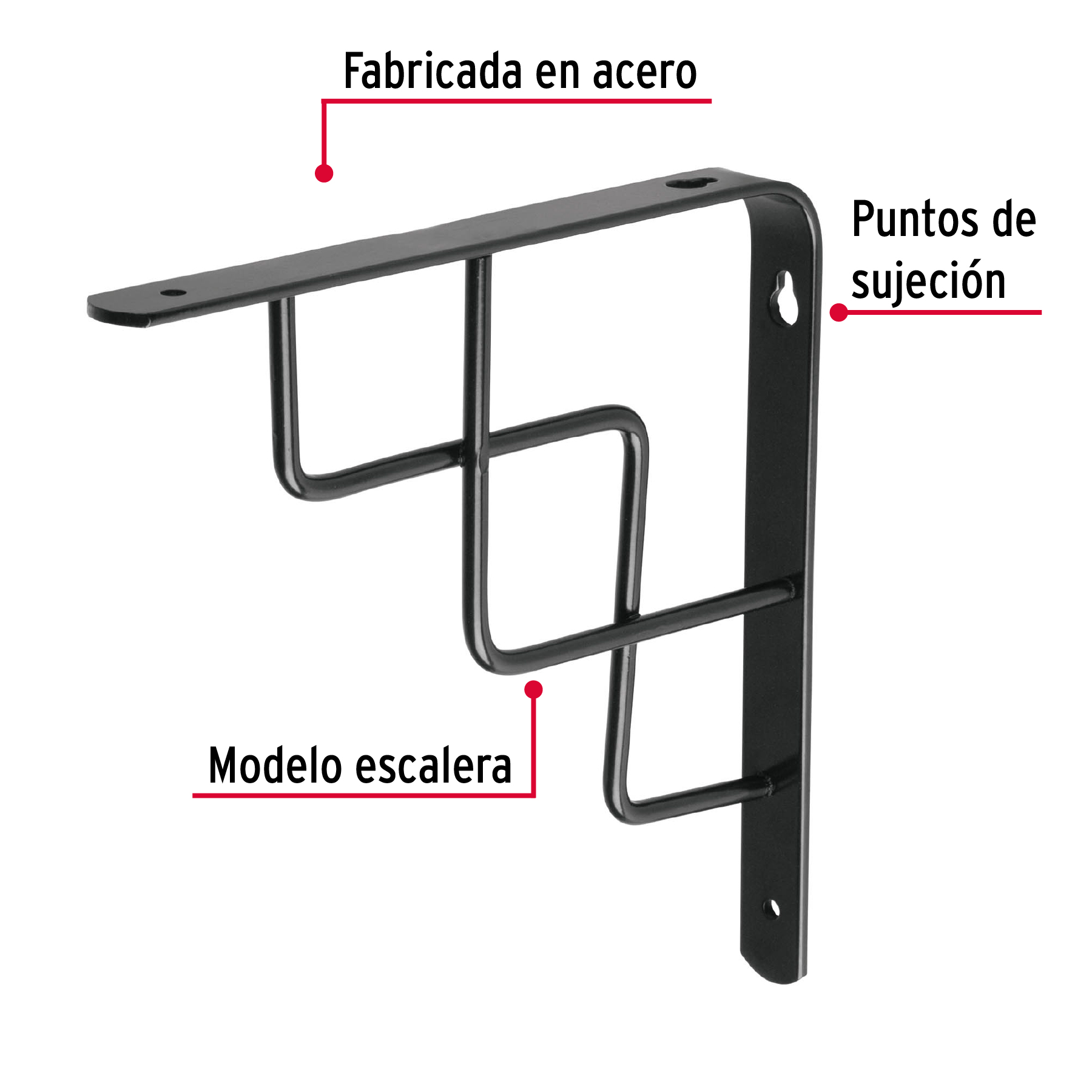 Ménsula reforzada negra diseño escalera, 8 x 8'