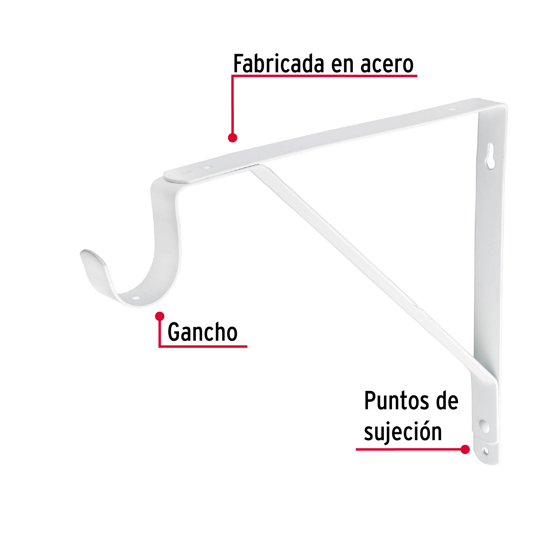 Ménsula reforzada blanca con gancho, 11 x 12'