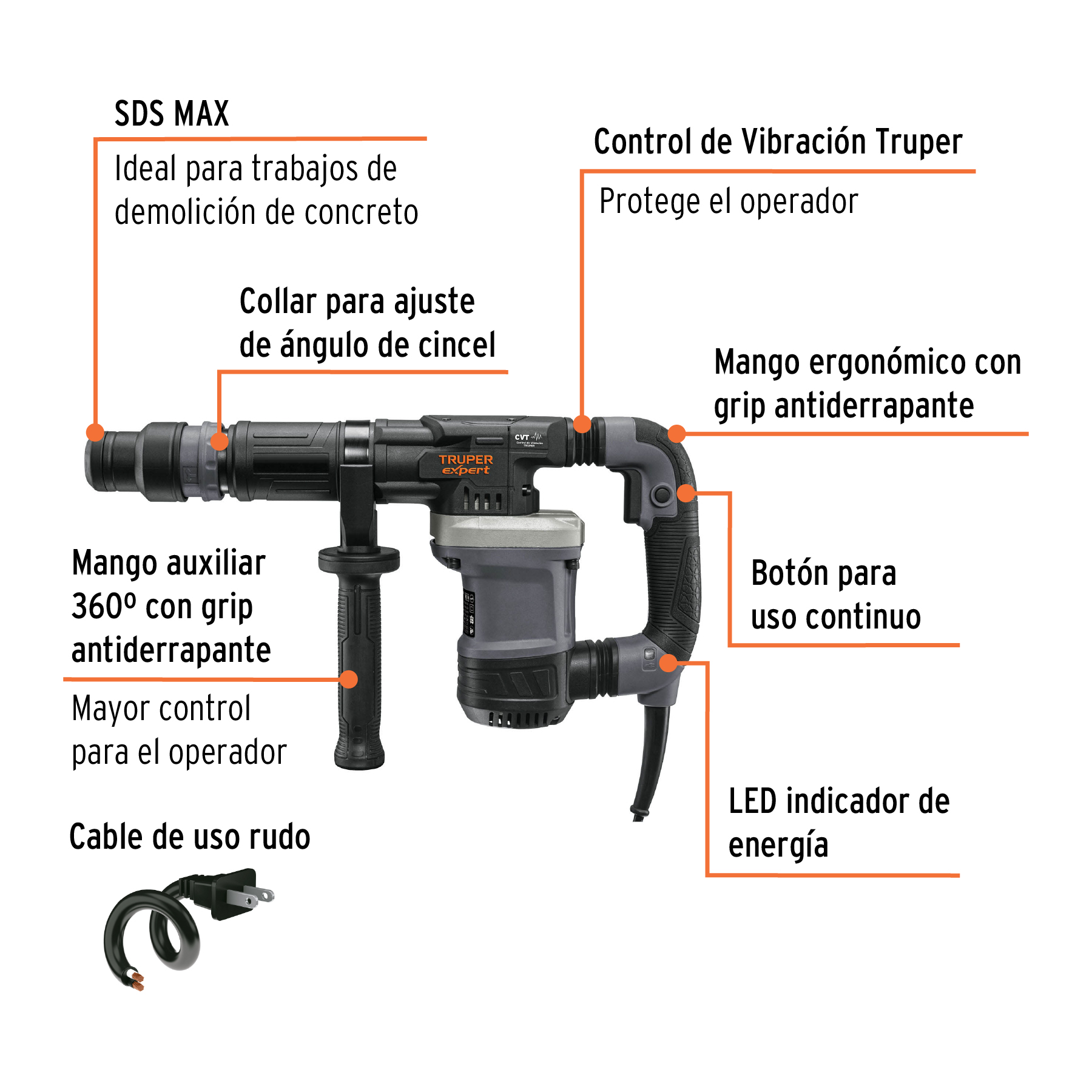 Martillo demoledor SDS Max 6 kg, 14J, 1200W, Truper Expert