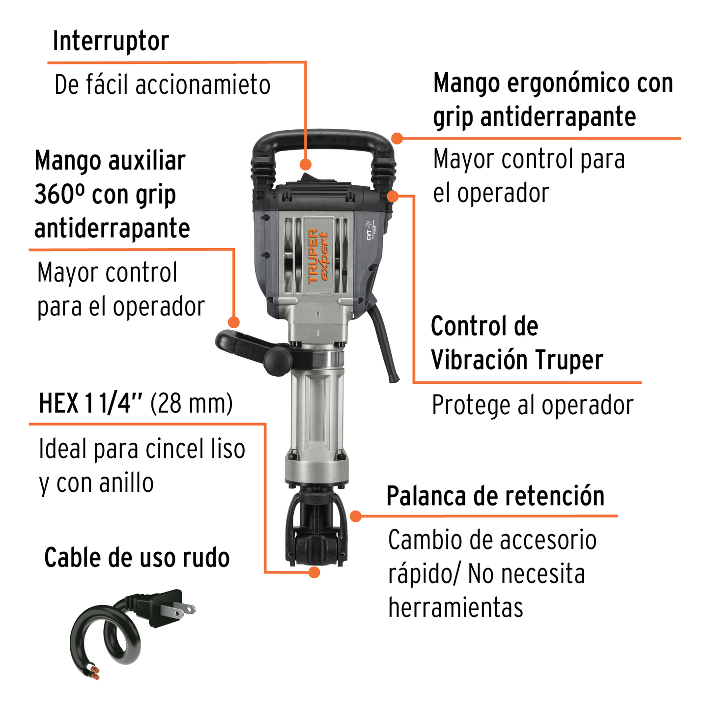 Martillo demoledor HEX 20 kg, 55 J, 1600 W Truper Expert