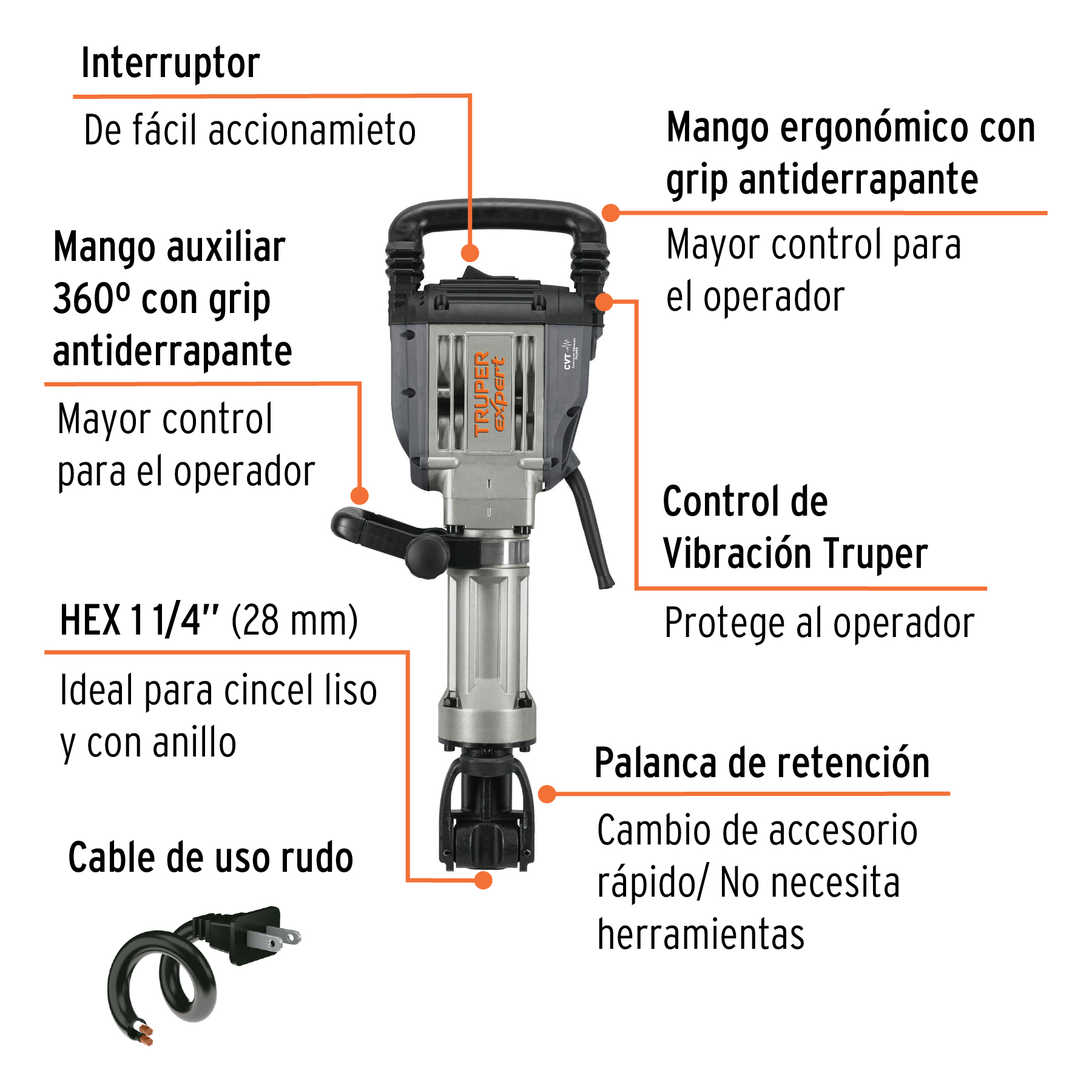 Martillo demoledor HEX 20 kg, 55 J, 1600 W Truper Expert