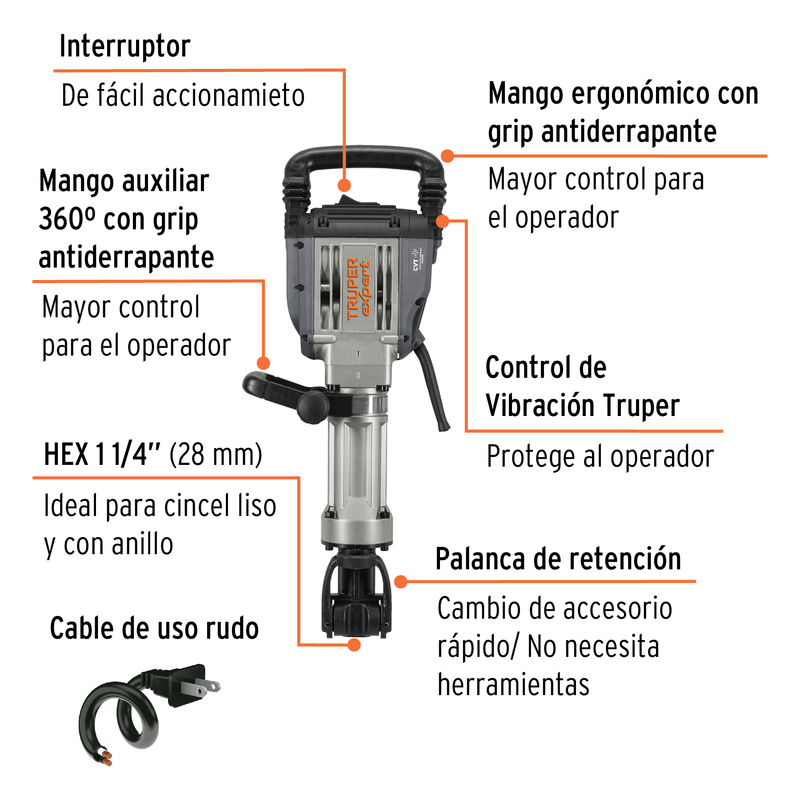 Martillo demoledor HEX 20 kg, 55 J, 1600 W Truper Expert