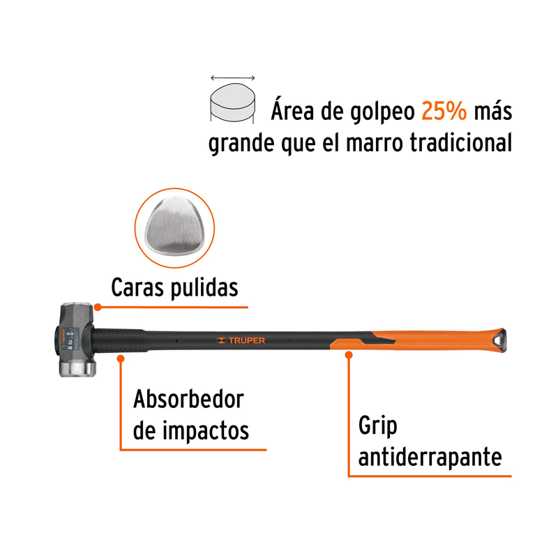 Marro de una cara amplia 8 lb, mango de fibra de vidrio 36"