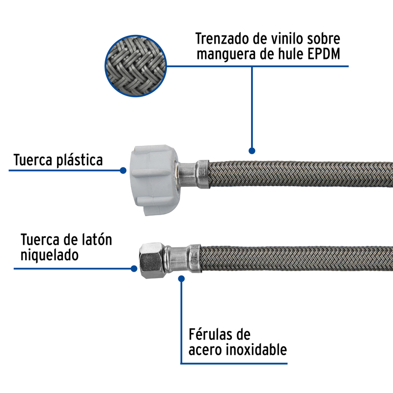 Manguera WC, vinilo, 3/8'x7/8', 50 cm, conector plástico