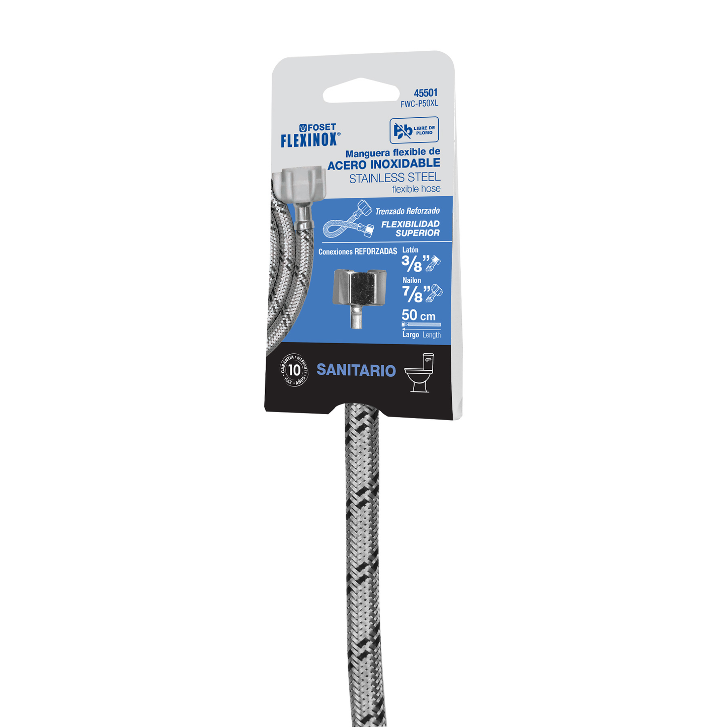 Manguera WC, acero inox, 3/8'x7/8', 50 cm, conector plástico