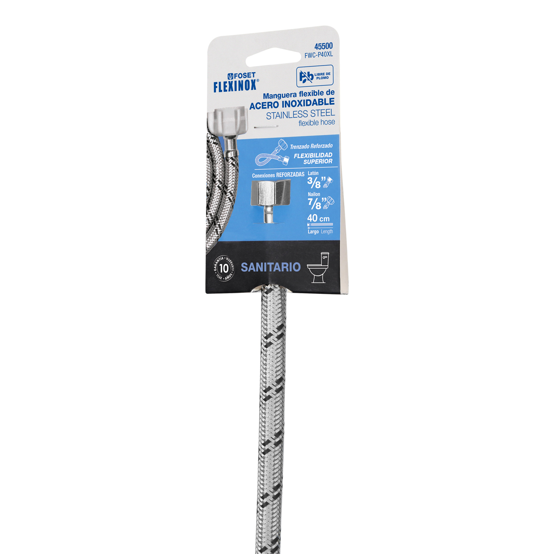 Manguera WC, acero inox, 3/8'x7/8', 40 cm, conector plástico