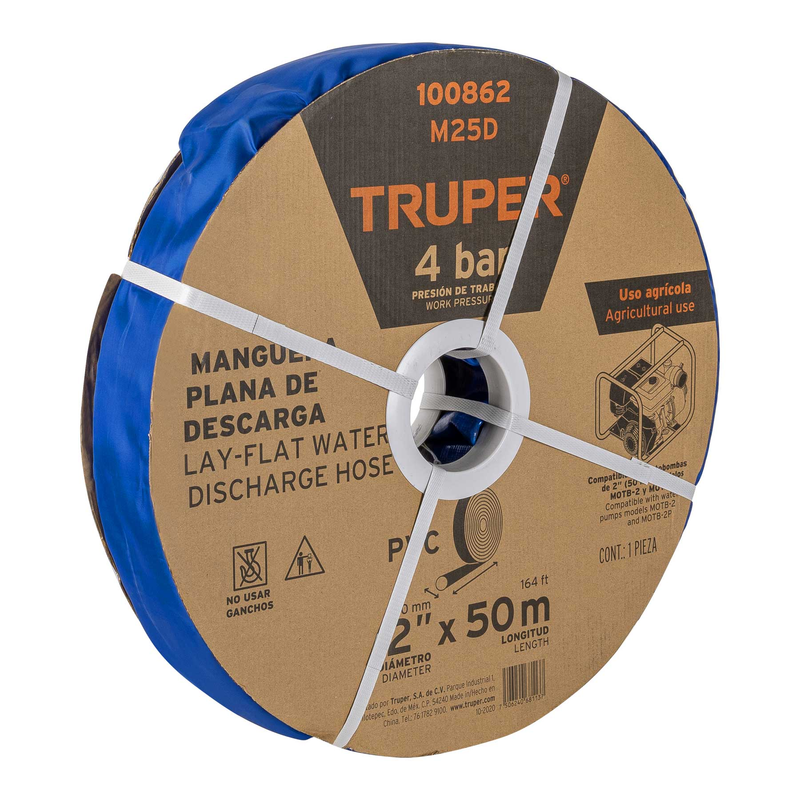 Manguera plana p/descarga de agua, PVC flexible, 2' x 50 m