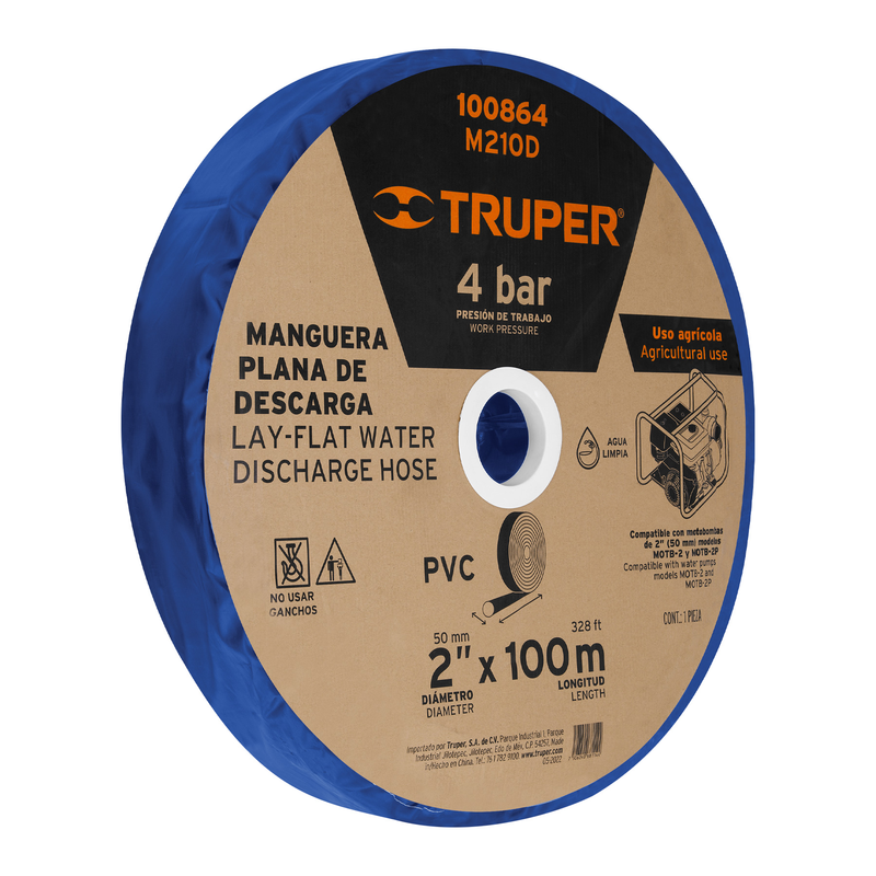 Manguera plana p/descarga de agua, PVC flexible, 2' x 100 m