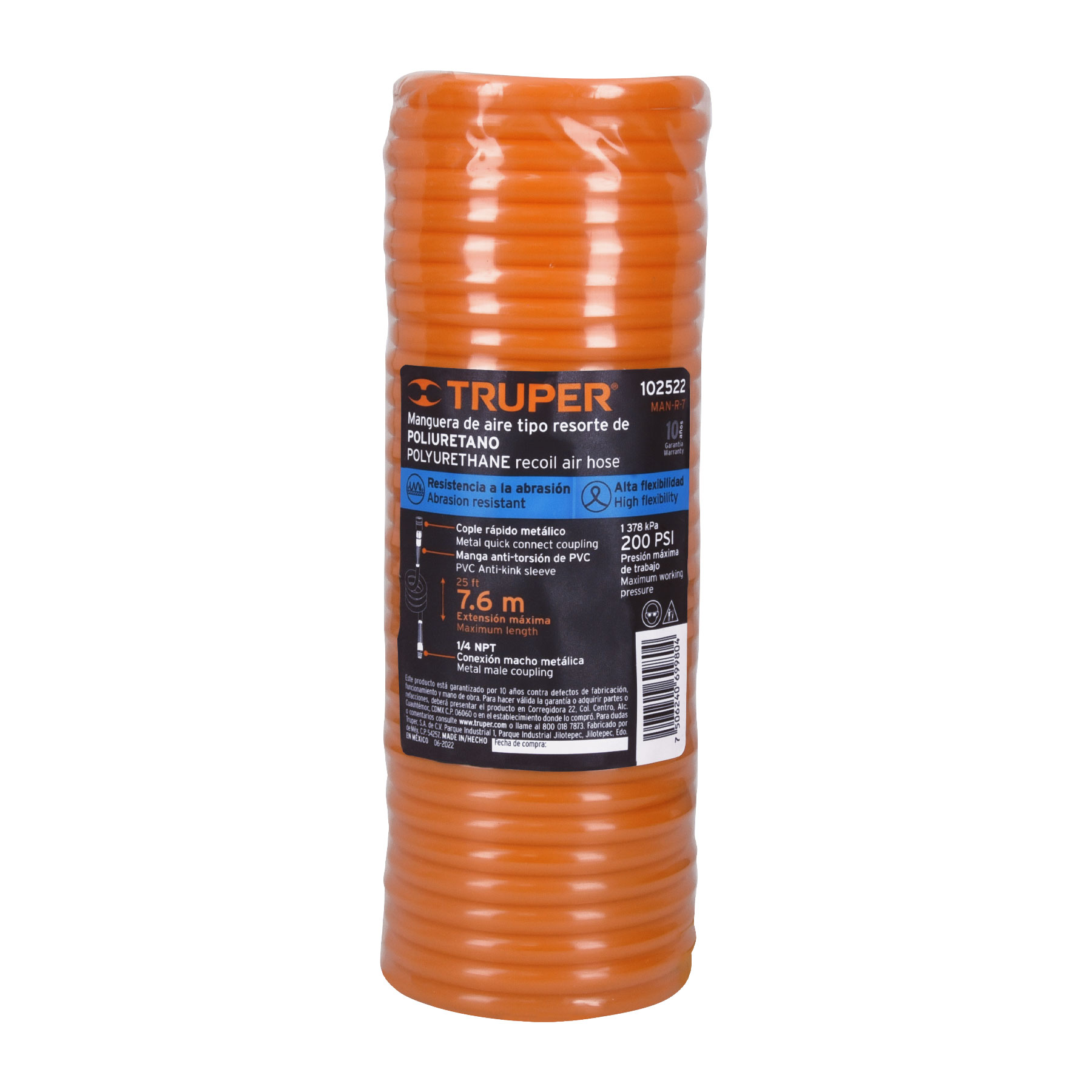 Manguera de 7.6 m tipo resorte 1/4' para compresor, Truper