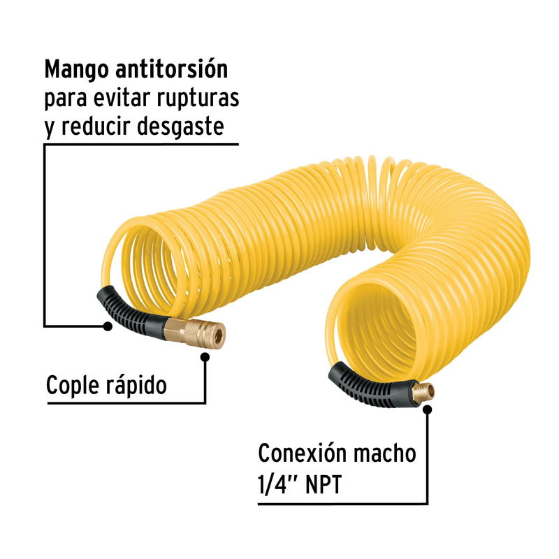 Manguera de 7.6 m tipo resorte 1/4' para compresor, Pretul