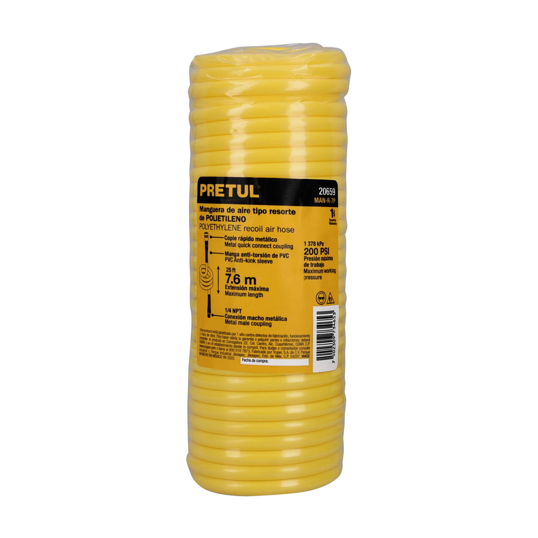 Manguera de 7.6 m tipo resorte 1/4' para compresor, Pretul