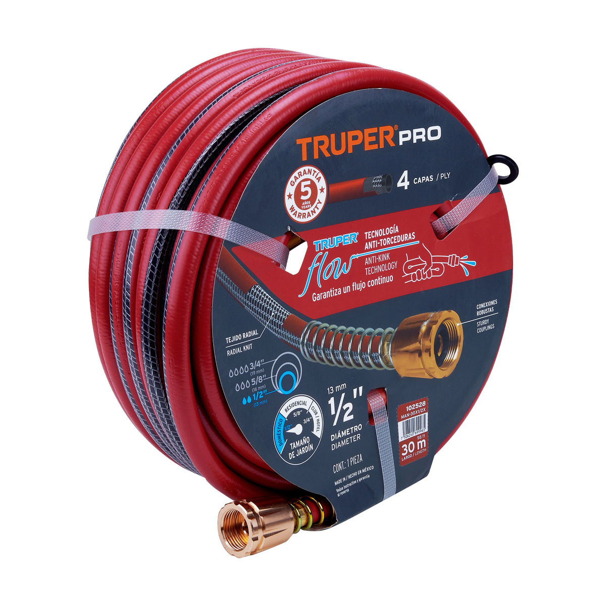 Manguera 1/2' super reforzada 4 capas 30 m conexiones metal