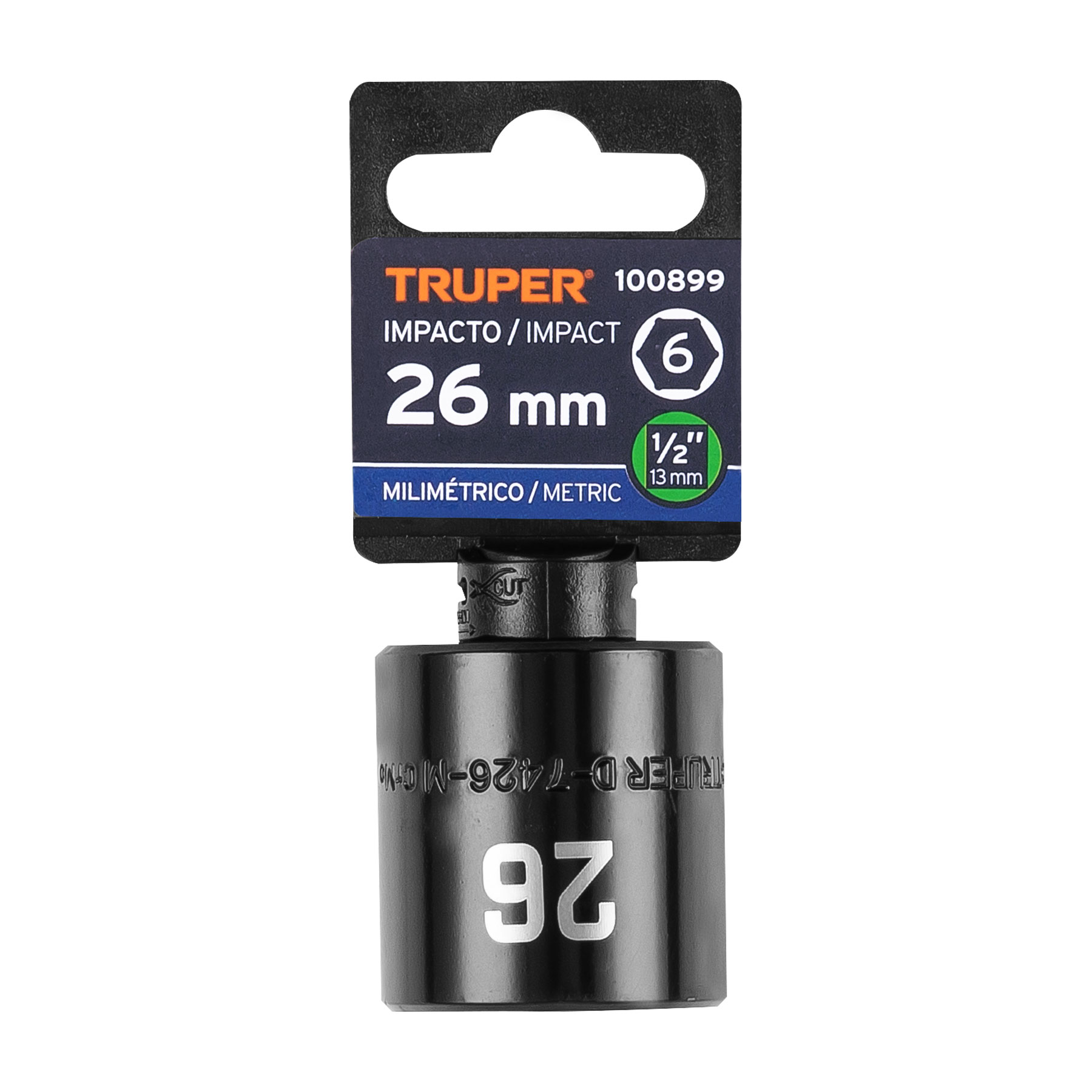 Dado de impacto de 26 mm, 6 puntas, cuadro 1/2', Truper