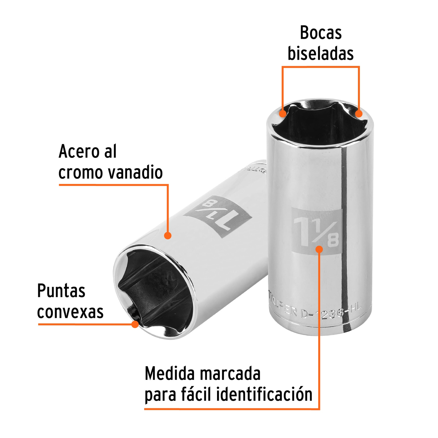 Dado largo de 1-1/8', 6 puntas, cuadro 1/2', Truper