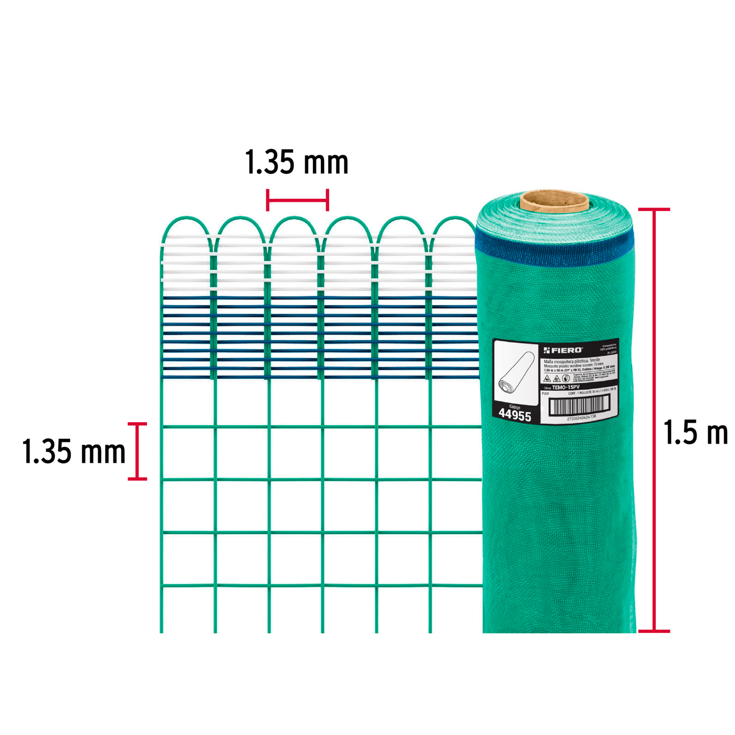 Malla mosquitera plástica, 1.50 x 30 m, verde