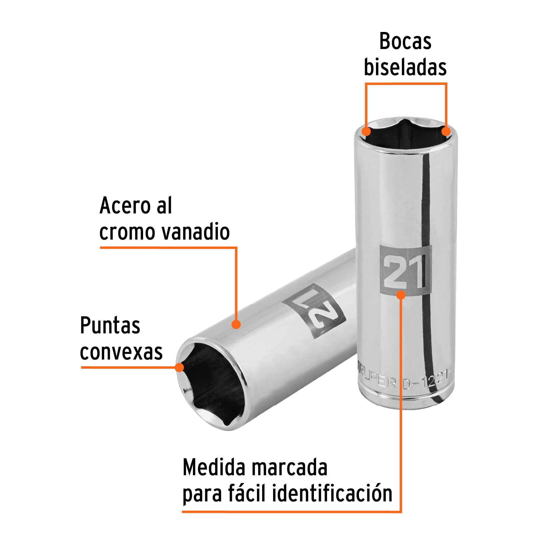 Dado largo de 21 mm, 6 puntas, cuadro 1/2', Truper