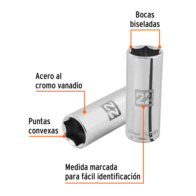 Dado largo de 22 mm, 6 puntas, cuadro 1/2', Truper