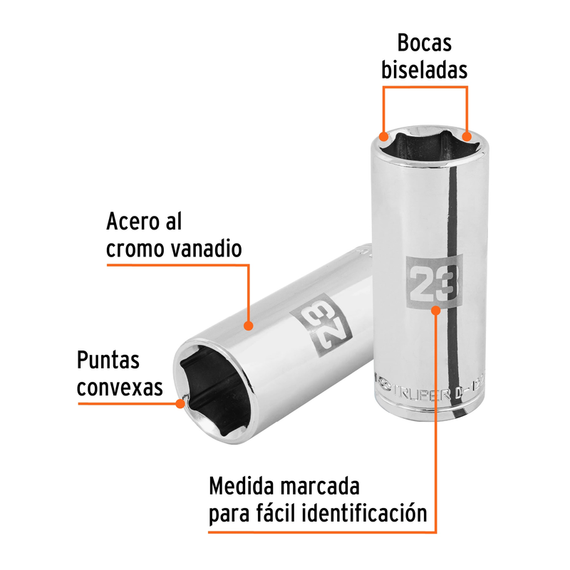 Dado largo de 23 mm, 6 puntas, cuadro 1/2', Truper