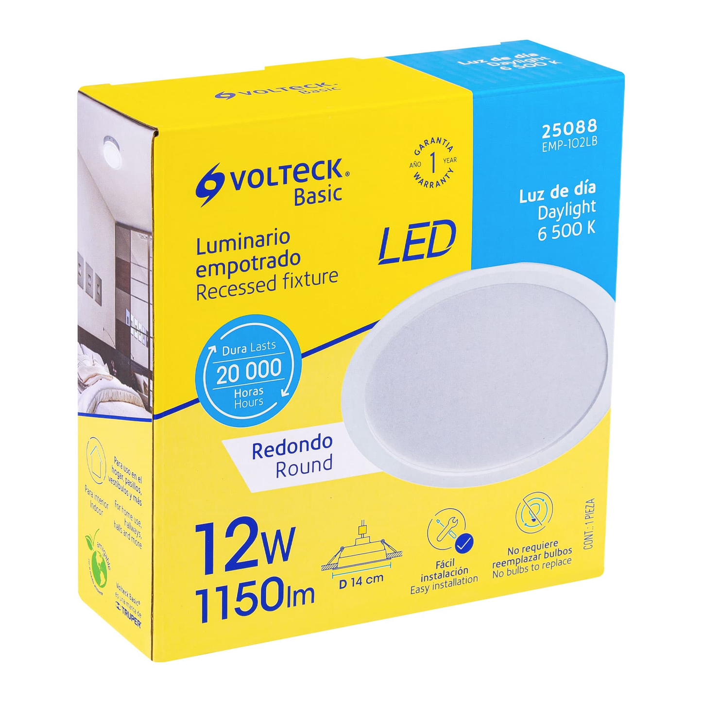 Luminario LED empotrado redondo, 12W, 6500K, Basic