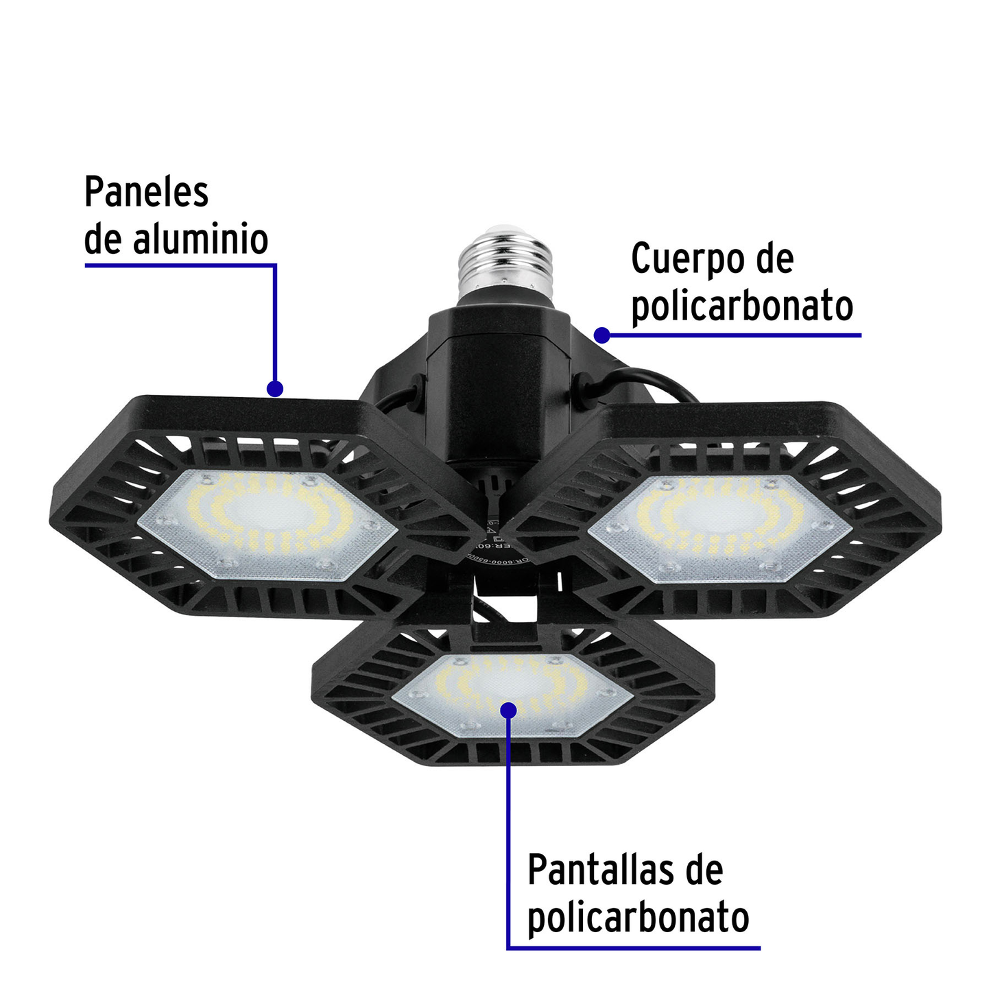 Luminario de LED 65 W, aluminio con 3 paneles abatibles