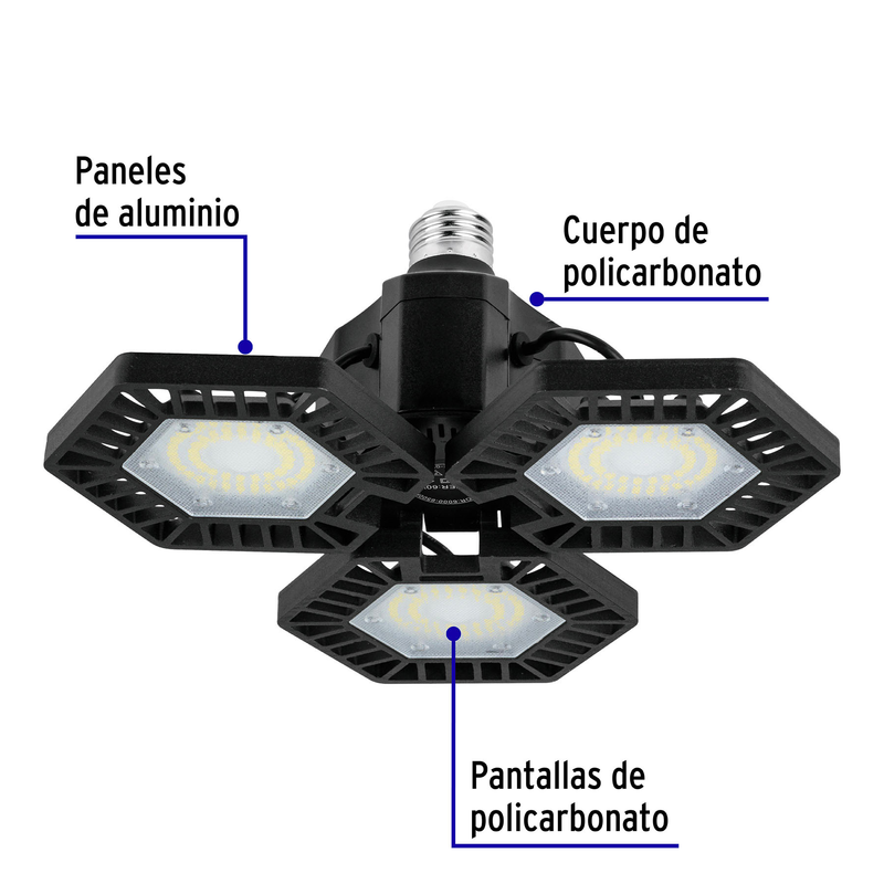 Luminario de LED 65 W, aluminio con 3 paneles abatibles