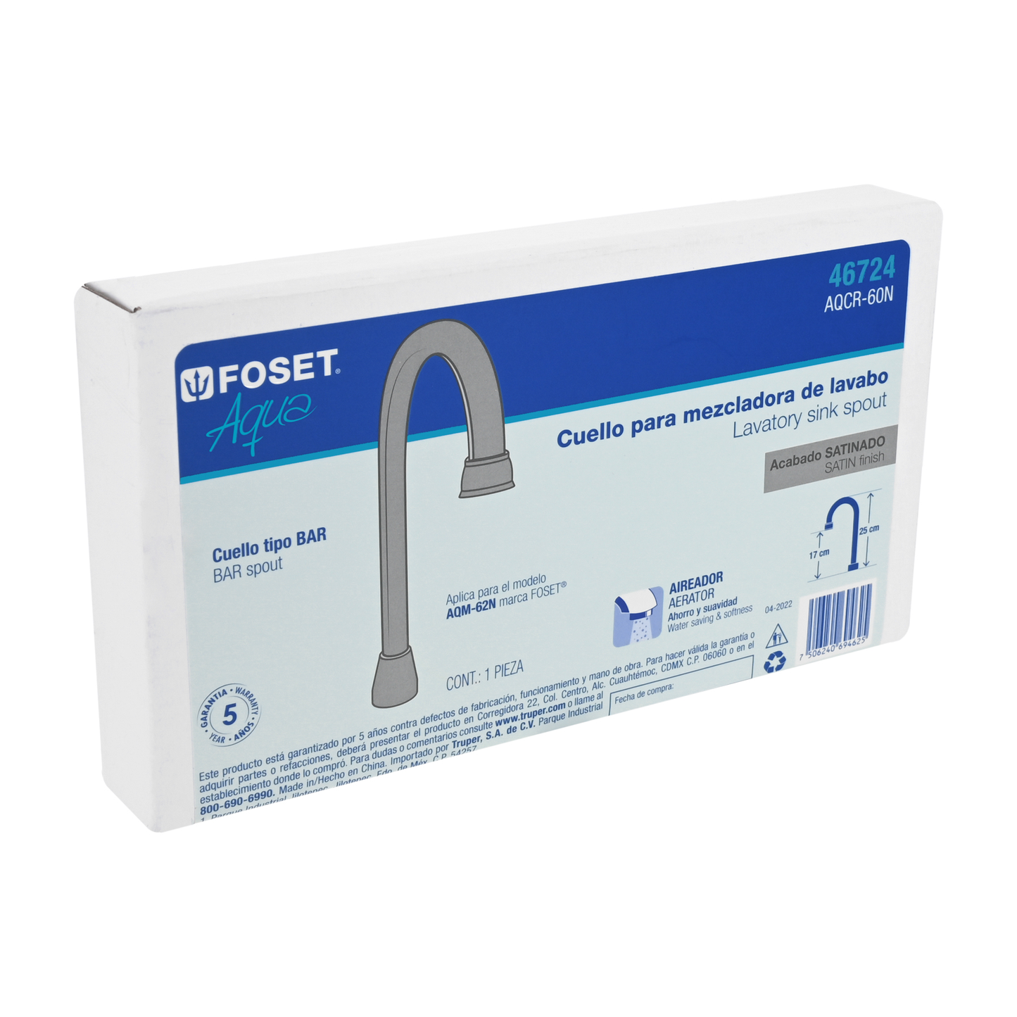 Cuello para mezcladora de lavabo, tipo bar, satín, Aqua