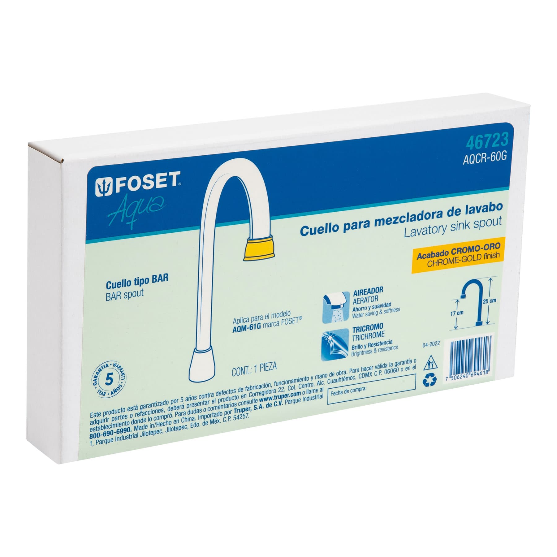 Cuello para mezcladora de lavabo, tipo bar,cromo/Oro, Aqua