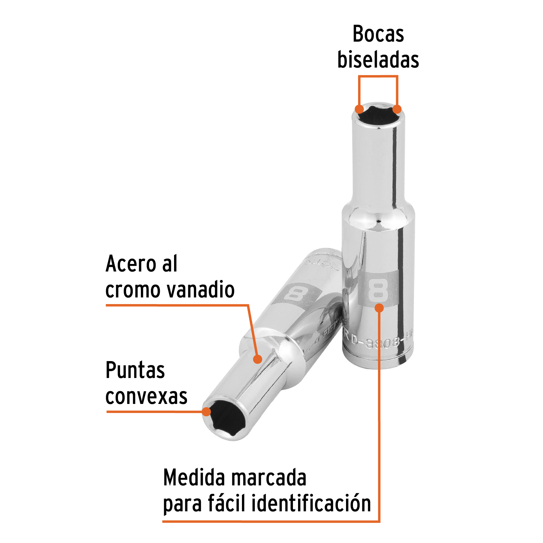 Dado largo de 8 mm, 6 puntas, cuadro 3/8', Truper