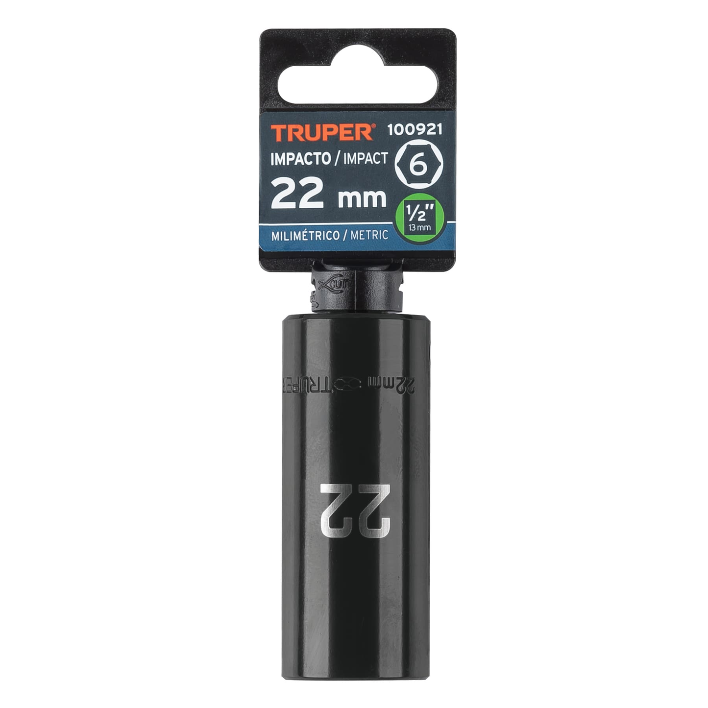 Dado largo impacto de 22 mm, 6 puntas, cuadro 1/2', Truper