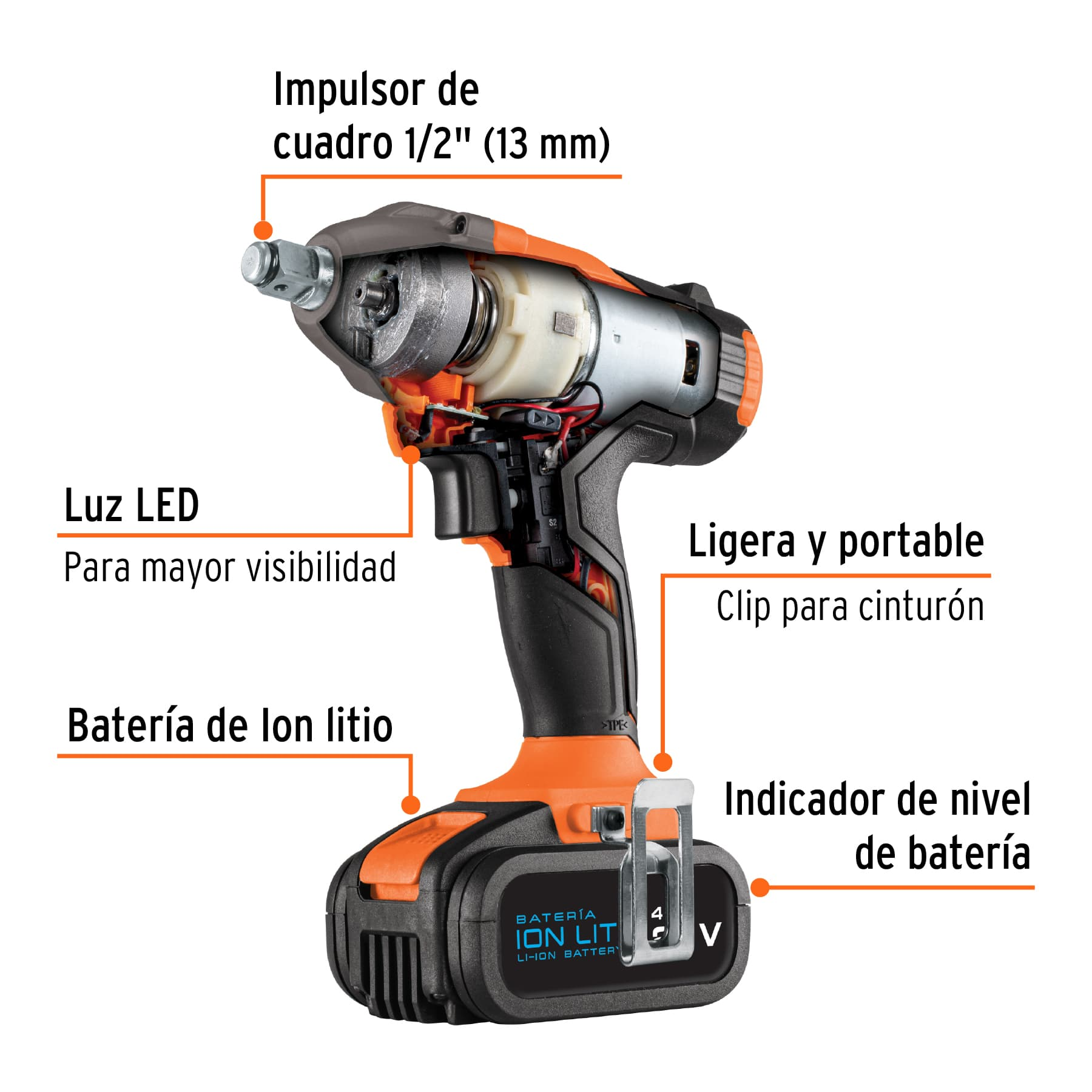 Llave de impacto inalámbrica 1/2', batería ion litio 20 V