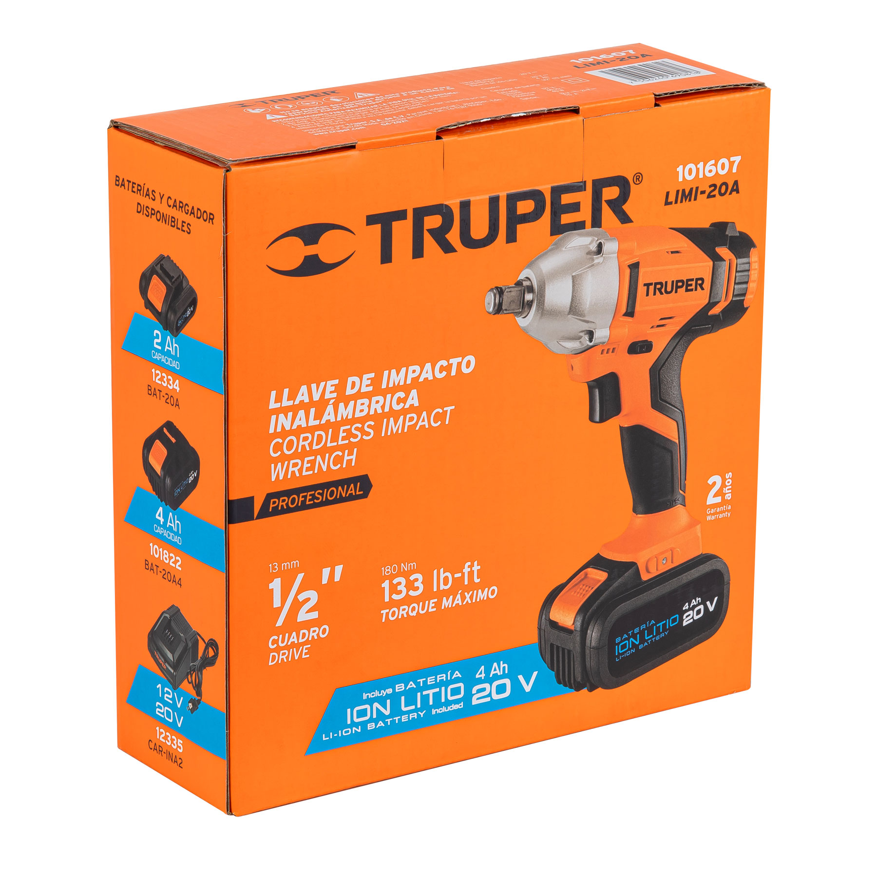 Llave de impacto inalámbrica 1/2', batería ion litio 20 V