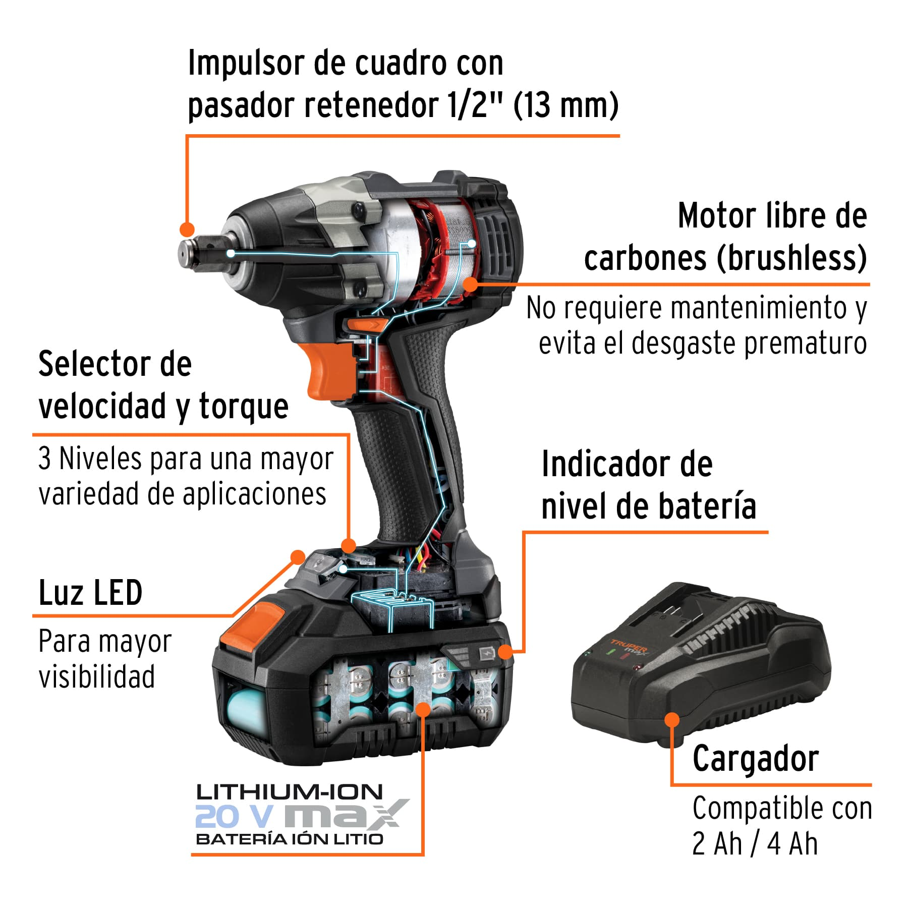 Llave de impacto inalámbrica 1/2' 20 V Truper MAX