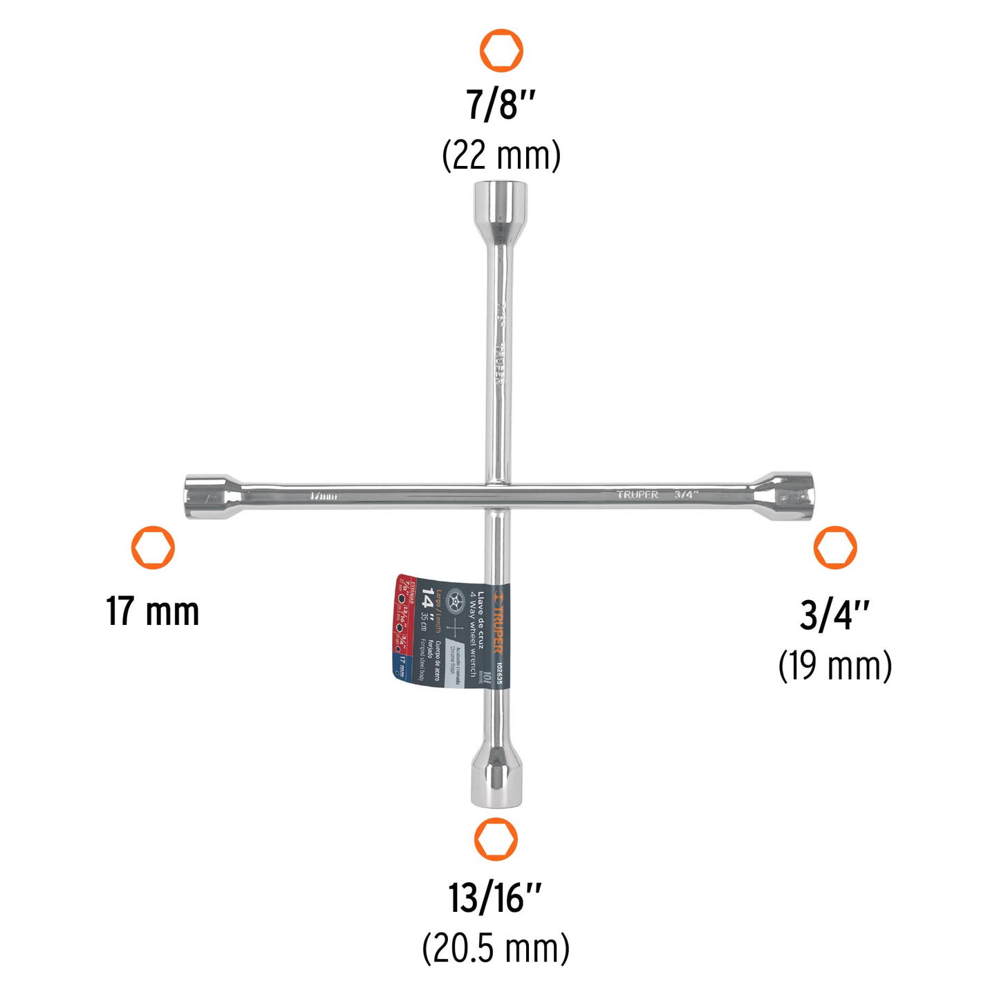 Llave de cruz 14' pulida y cromada, Truper