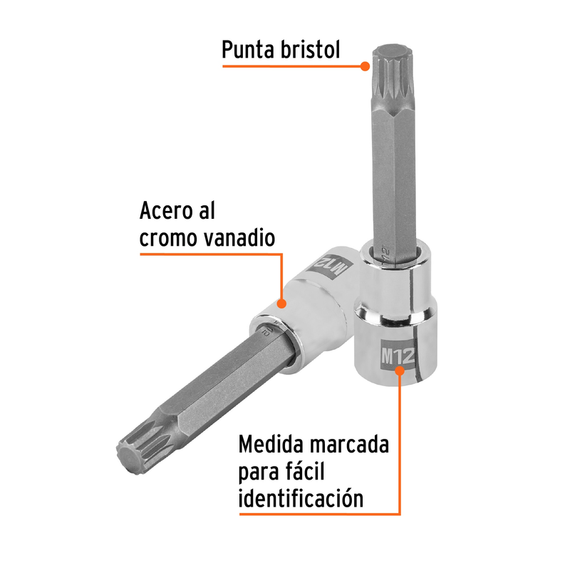 Dado punta larga bristol M12x100mm, cuadro 1/2'